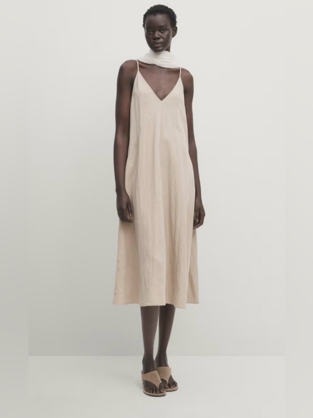 Massimo Dutti Light Beige Spaghetti Strap Midi Dress